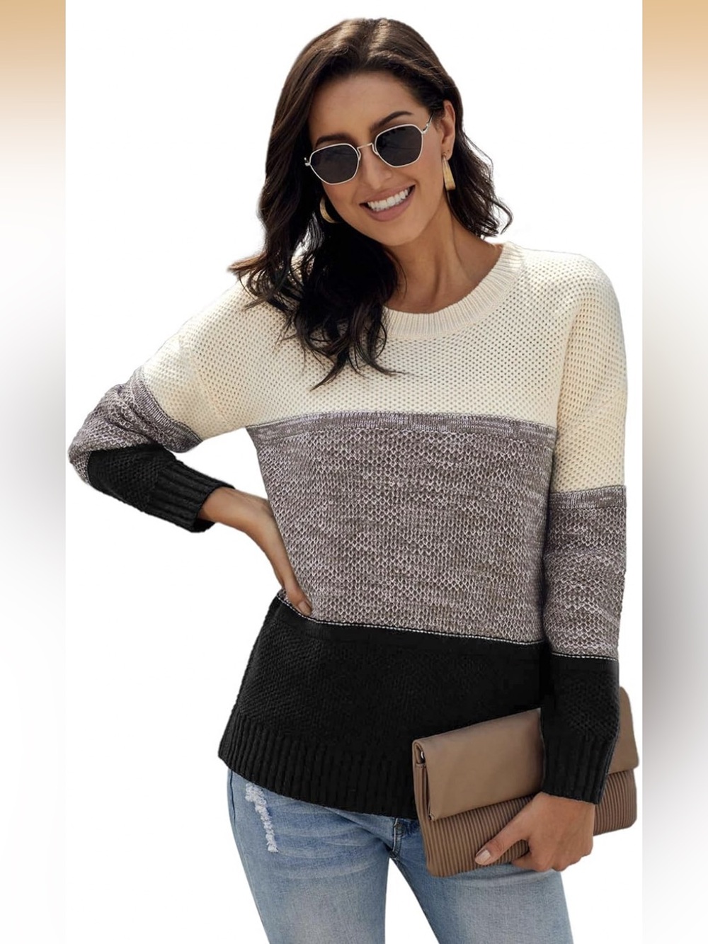 Women’s Colorblock Crewneck Sweater in Cream, Gray & Black